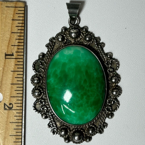 Vintage Large Signed Mexico Taxco Sterling Silver 925 Green Agate Stone - Picture 6 of 7